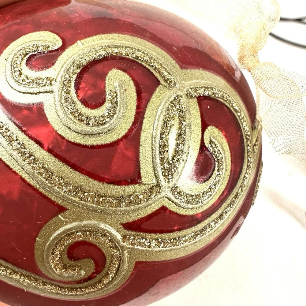 Vintage Christmas Ornaments Blown Glass Red and Gold Glitter Set of Three